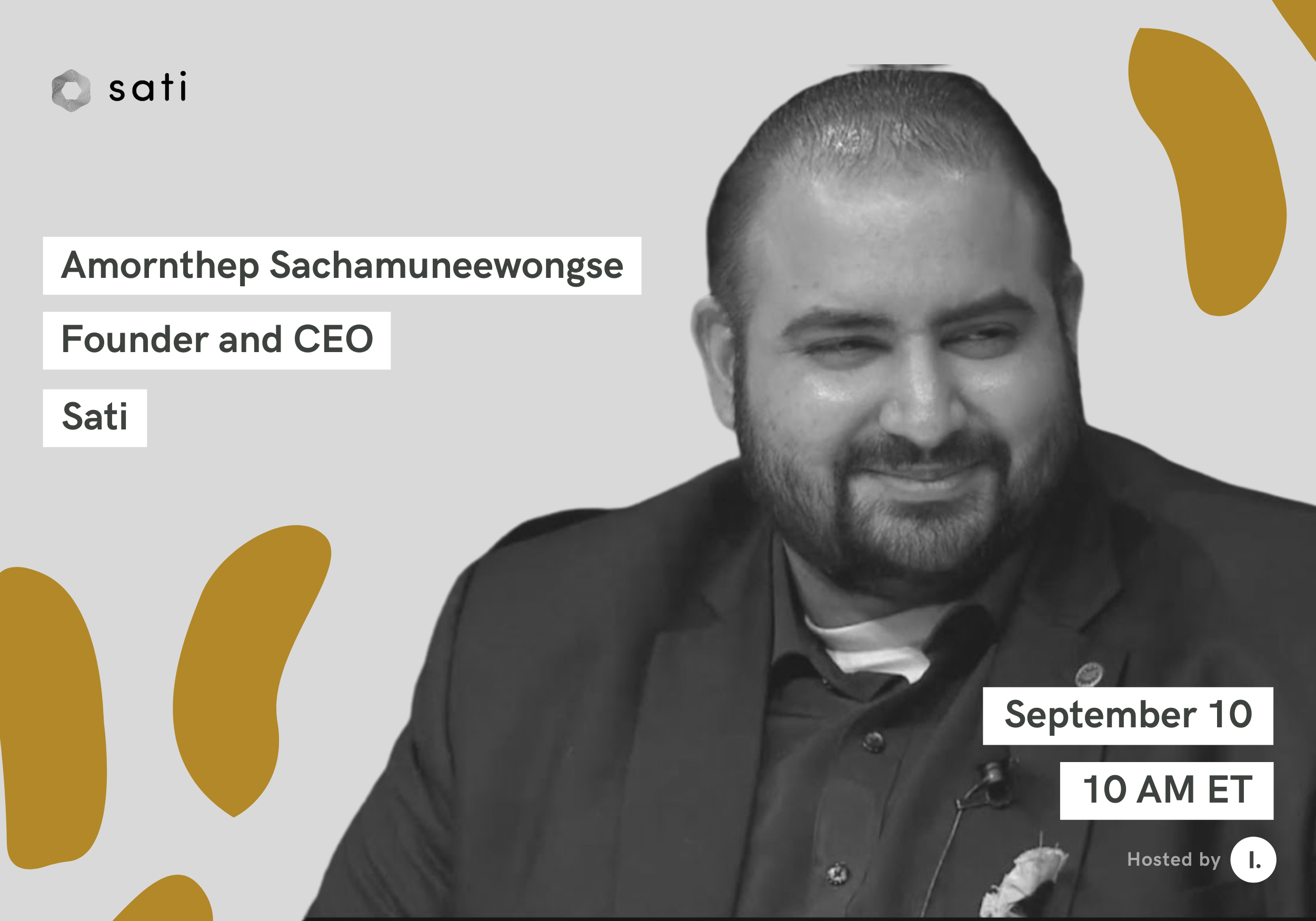 Sanju, an Asian man, faces away from the camera and slightly grins. He is wearing an dark button-down shirt and a black blazer. The Illimitable logo is in the bottom right corner and the Sati logo is in the top left corner.